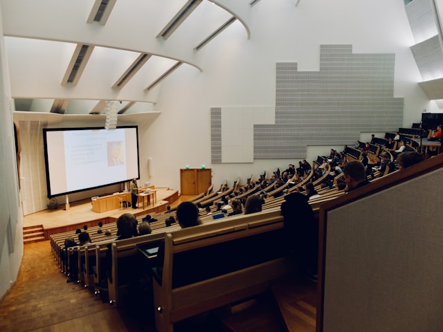 university classroom full of students